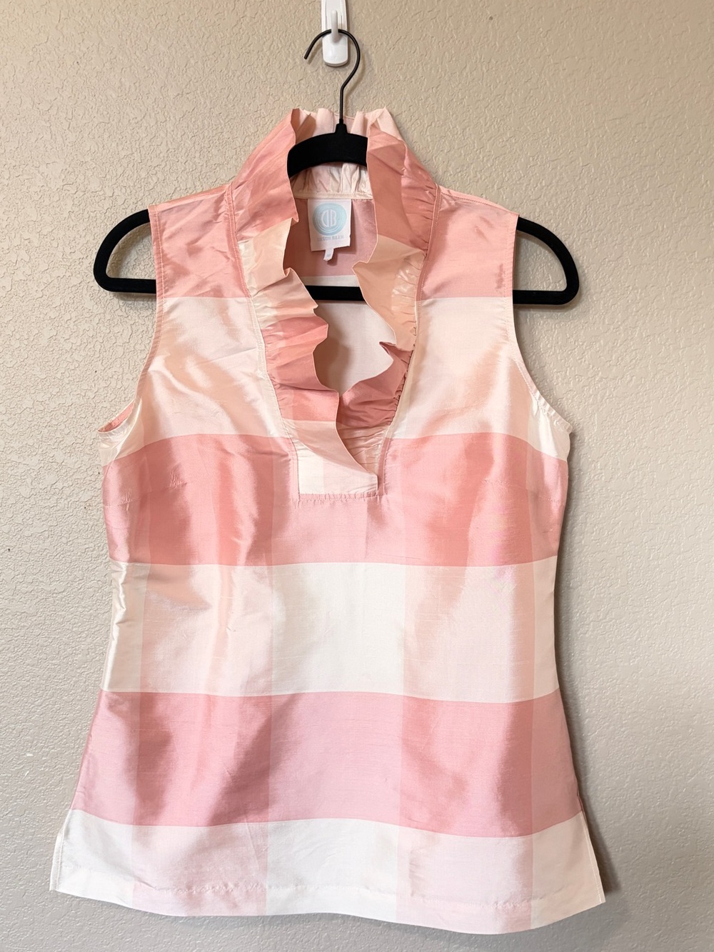 Devon Baer 100% Silk Blouse Medium Ruffle Pink Patchwork Print Lightweight  Top
